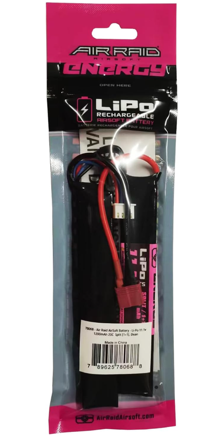 AIR RAID Airsoft 11.1V 1200mAh LiPo Split Battery, 20C, T-Plug Connector, 3-Cell Rechargeable
