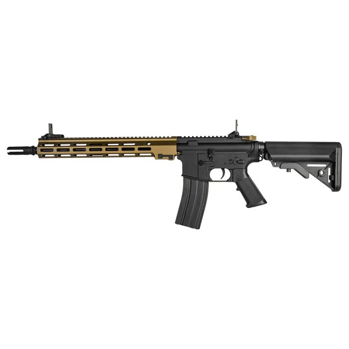 ARCTURUS MS URGI MK16 Carbine 14.5″ Brushless AEG FE® with a black finish, tan handguard, flip-up sights, and an adjustable stock.