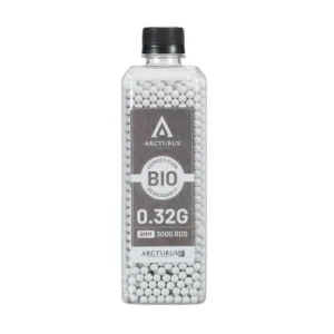 A clear plastic bottle of ARCTURUS RS® BIO Match Grade 6mm Airsoft BBs 0.32g, containing 3000 white 6mm biodegradable BBs.