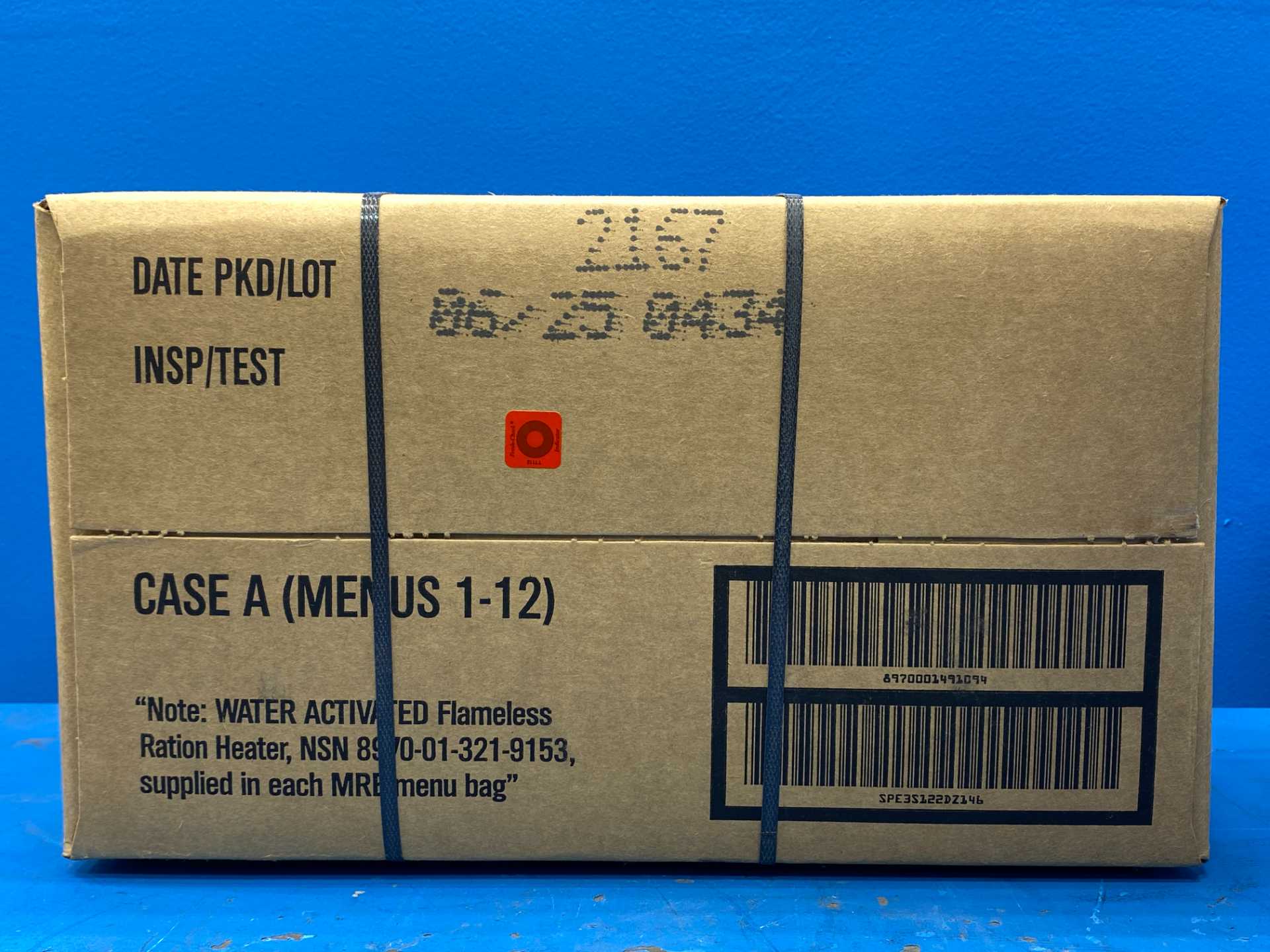 Cardboard box of Military Genuine Ready to Eat Meals Case A or B (Varies) with production info and barcode.