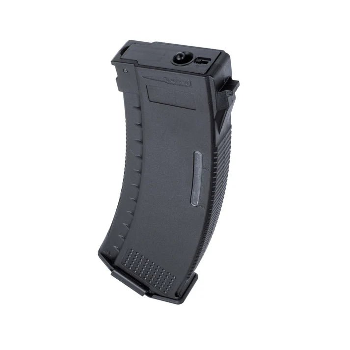 Black curved ARCTURUS AK MOD1 200Rds Mid-Cap Windowed EMM Magazine BLK with a vertical window on the side.