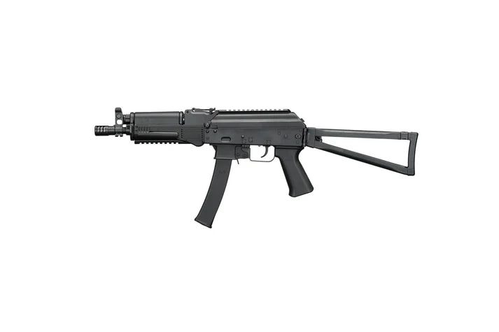 Black ARCTURUS PP19-01 Vityaz AEG FE™ submachine gun with a short barrel, curved magazine, and folding skeletal stock.