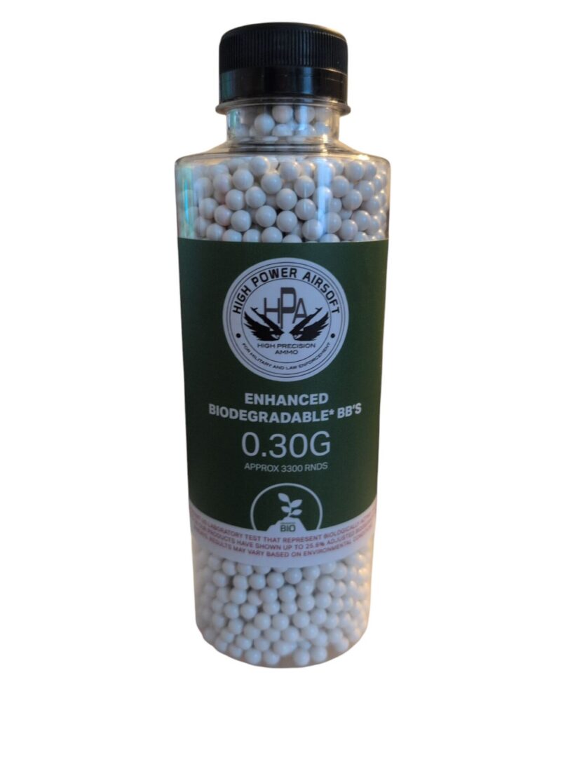 A clear plastic bottle of HPA 0.30G 3,300 Round airsoft BBs with a green label marked “Enhanced Biodegradable BB’s.”.
