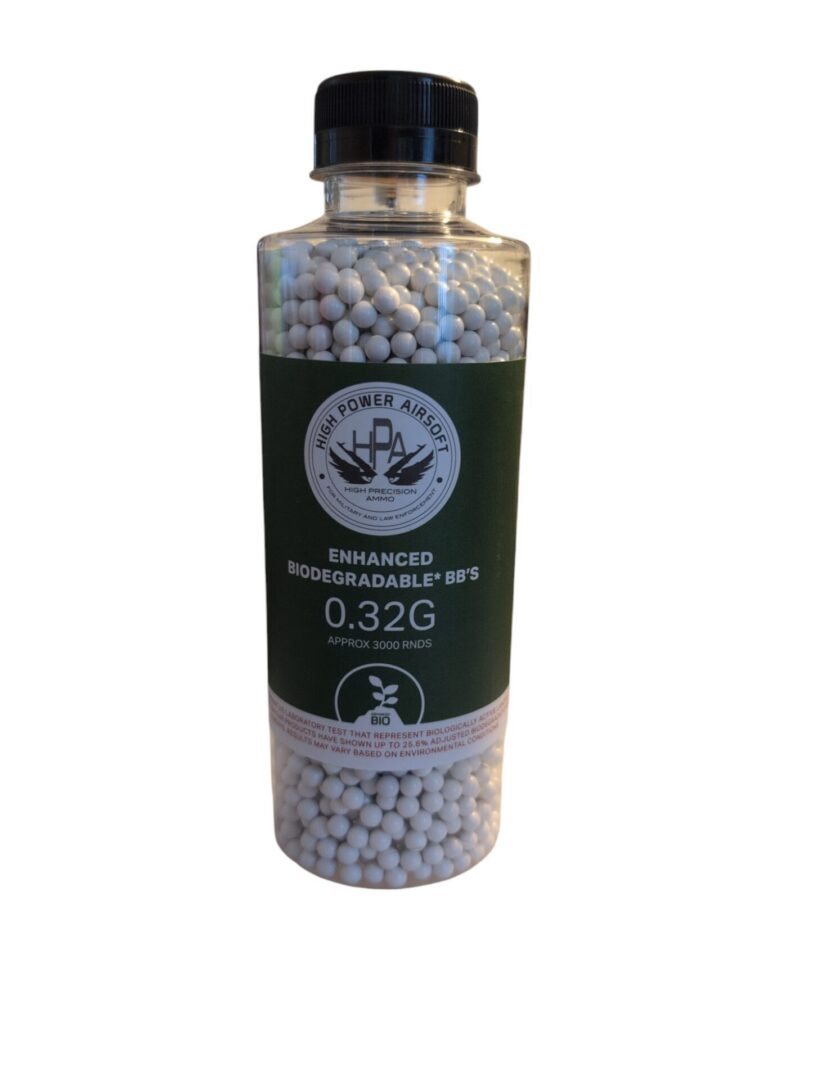 A clear plastic bottle filled with white airsoft BBs, featuring a label for HPA 0.32G Approx. 3,000 Rounds.