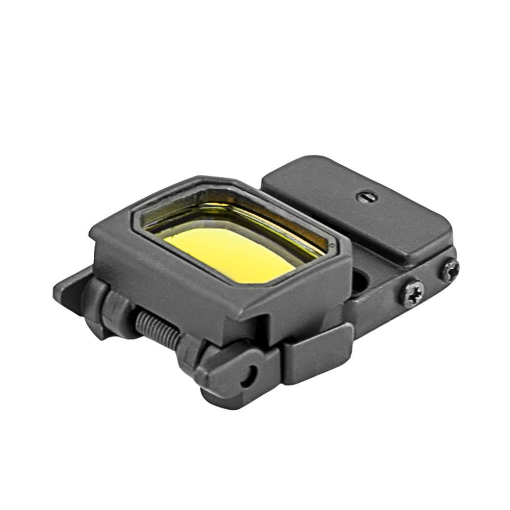 VISM Flip Red Dot Mod.02 for Glock Pistols, a black reflex sight with a yellow-tinted lens in a folding housing.