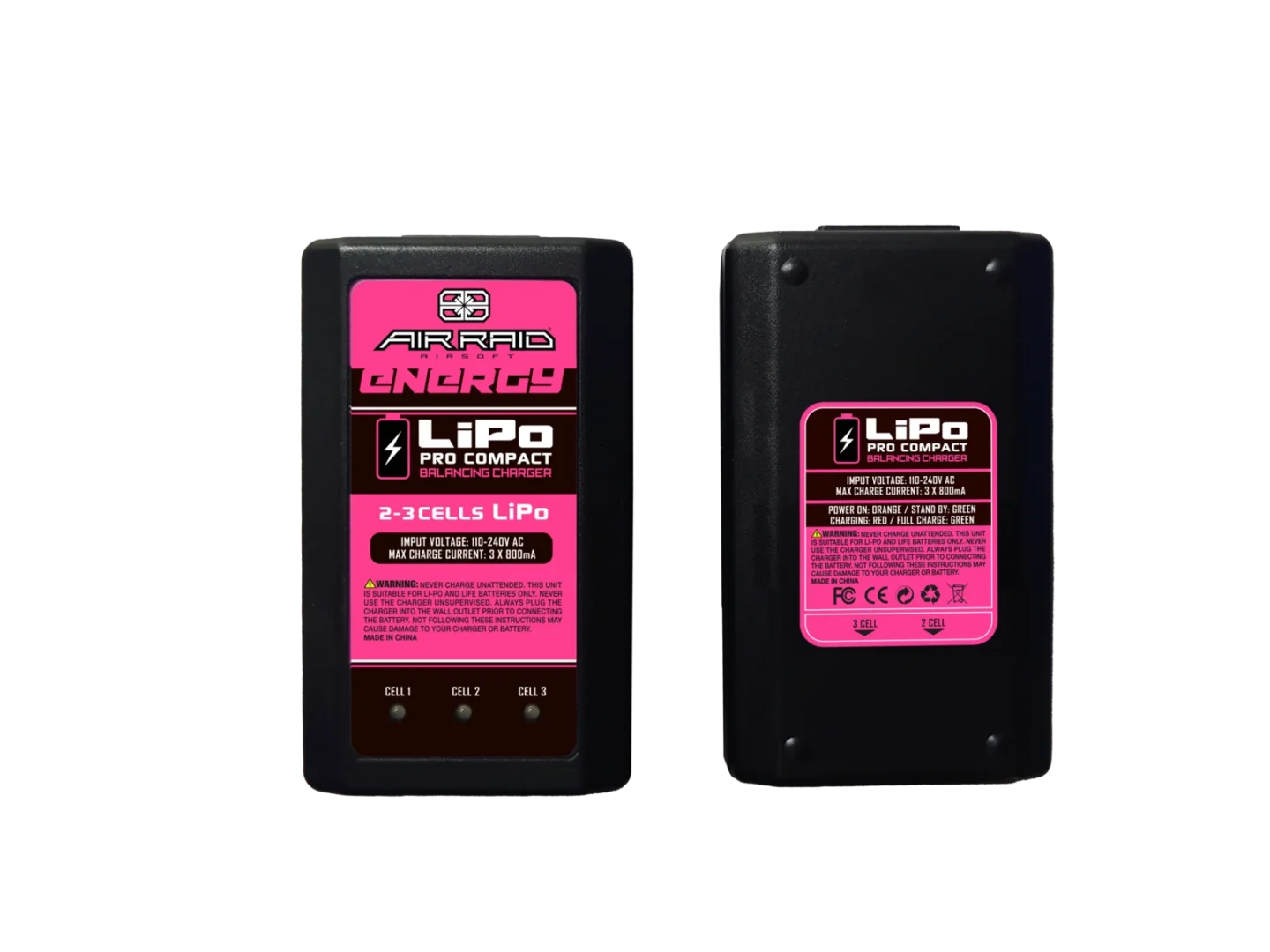 Front and back views of two black rectangular Air Raid Airsoft Compact Charger for 2-3 Cell LiPo Battery units, featuring pink information labels, charging status lights, and electrical specifications.