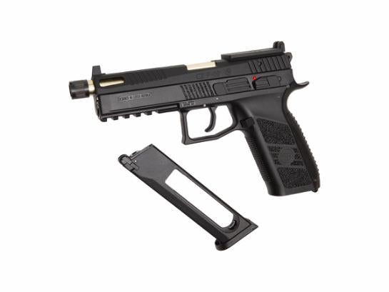 Black ASG CZ P-09 Optic Ready Co2 semi-automatic air pistol with a threaded barrel and a detachable magazine.