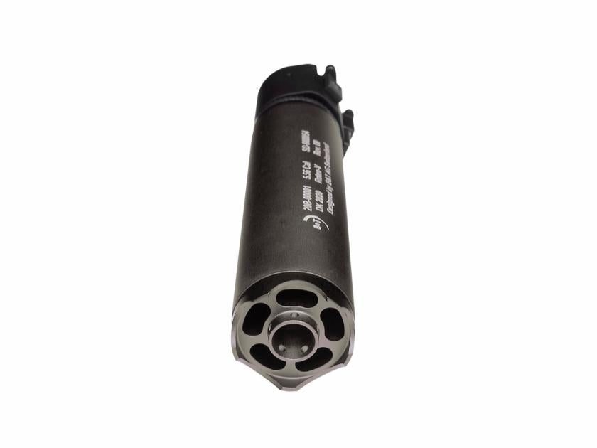 Grey ASG B&T Rotex-V Long cylindrical firearm suppressor with a multi-port muzzle end, viewed from the front.