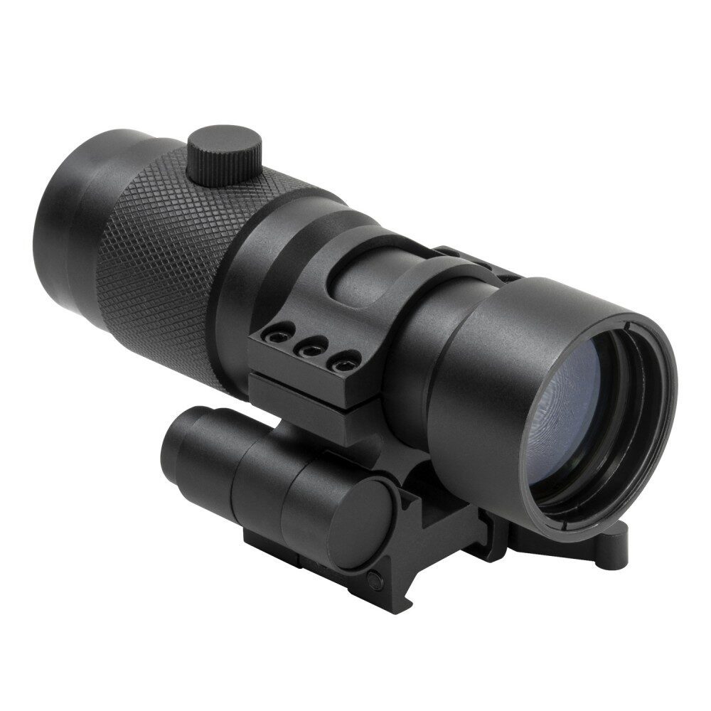 Black NCStar 3X Magnifier w/Flip to Side QR Mount, featuring a tubular scope design and a flip-to-side mounting base.