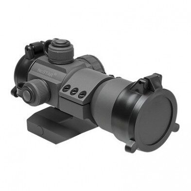 NCStar 35mm Red/Green/Blue Dot Optic - Urban Gray rifle scope with flip-up lens covers and an integrated mounting base.