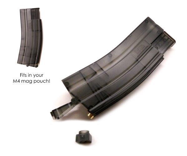 KWA High Performance Speed Loader in a translucent gray magazine-shaped design with a separate cap and the text “Fits in your M4 mag pouch!”.
