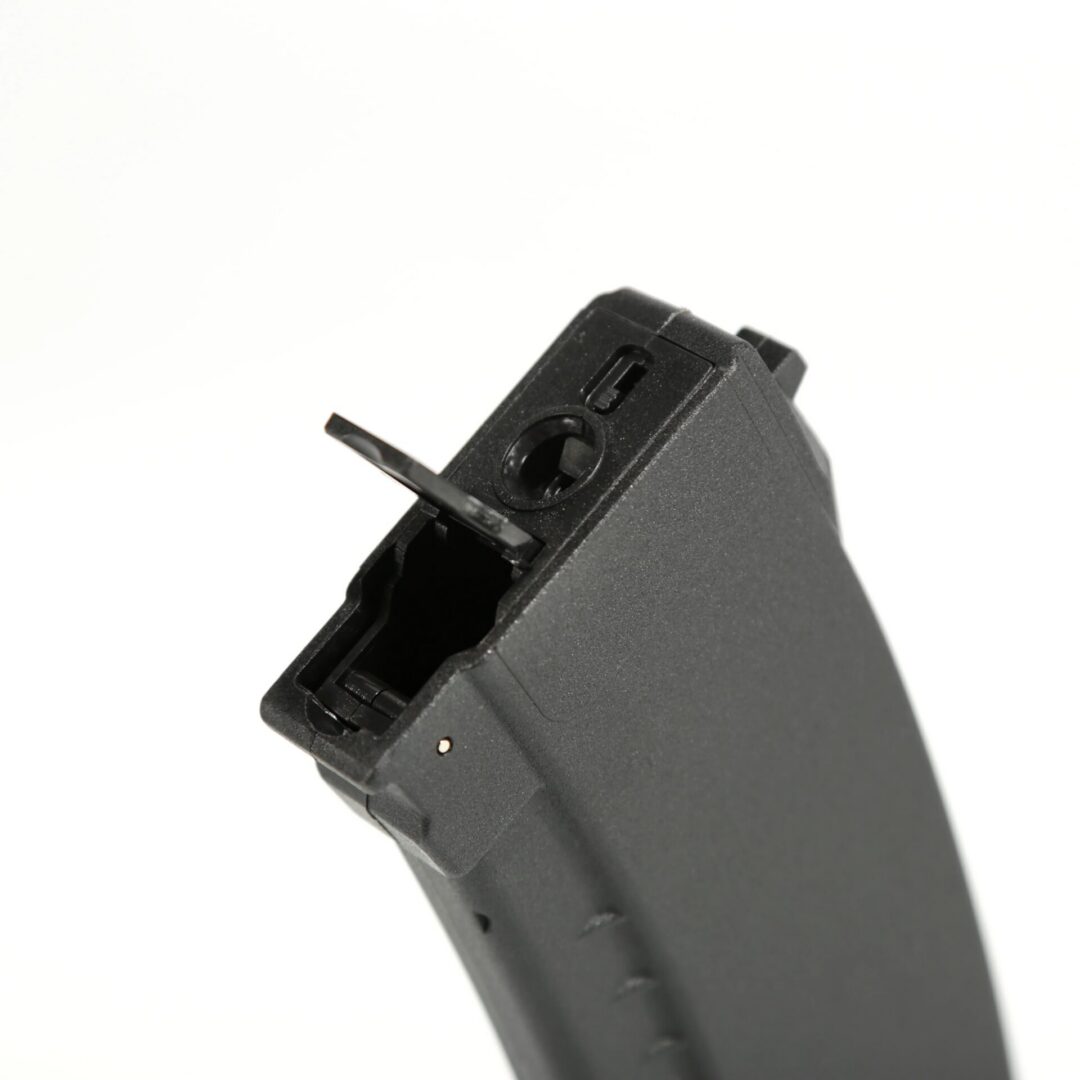 Black Arcturus AK74 Bakelite 550Rds Hi-Cap Wheel EMM Magazine for an AK-style rifle with the loading door flipped open.