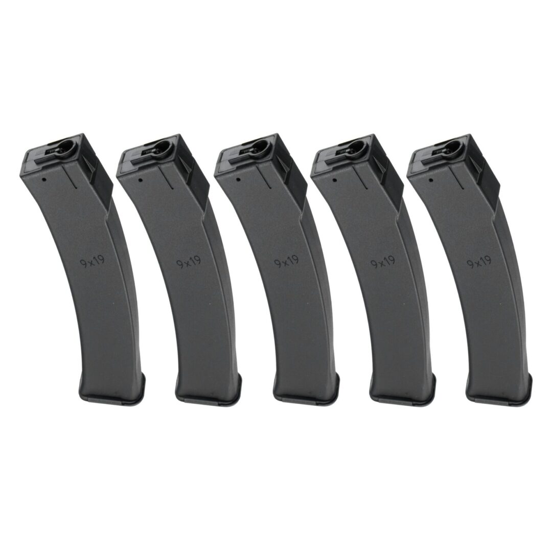 Five black curved Arcturus PP19-01 Vityaz 30/95Rds Variable-Cap EMM Magazine firearm magazines, each marked “9x19.”.