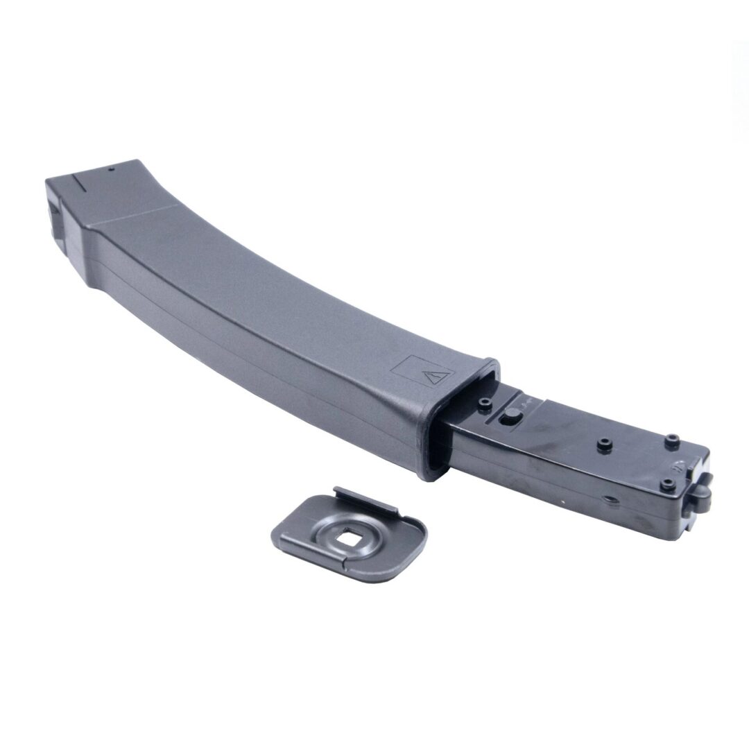 Curved black polymer Arcturus PP19-01 Vityaz 30/95Rds Variable-Cap EMM Magazine with an exposed inner mechanism and a separate base plate.