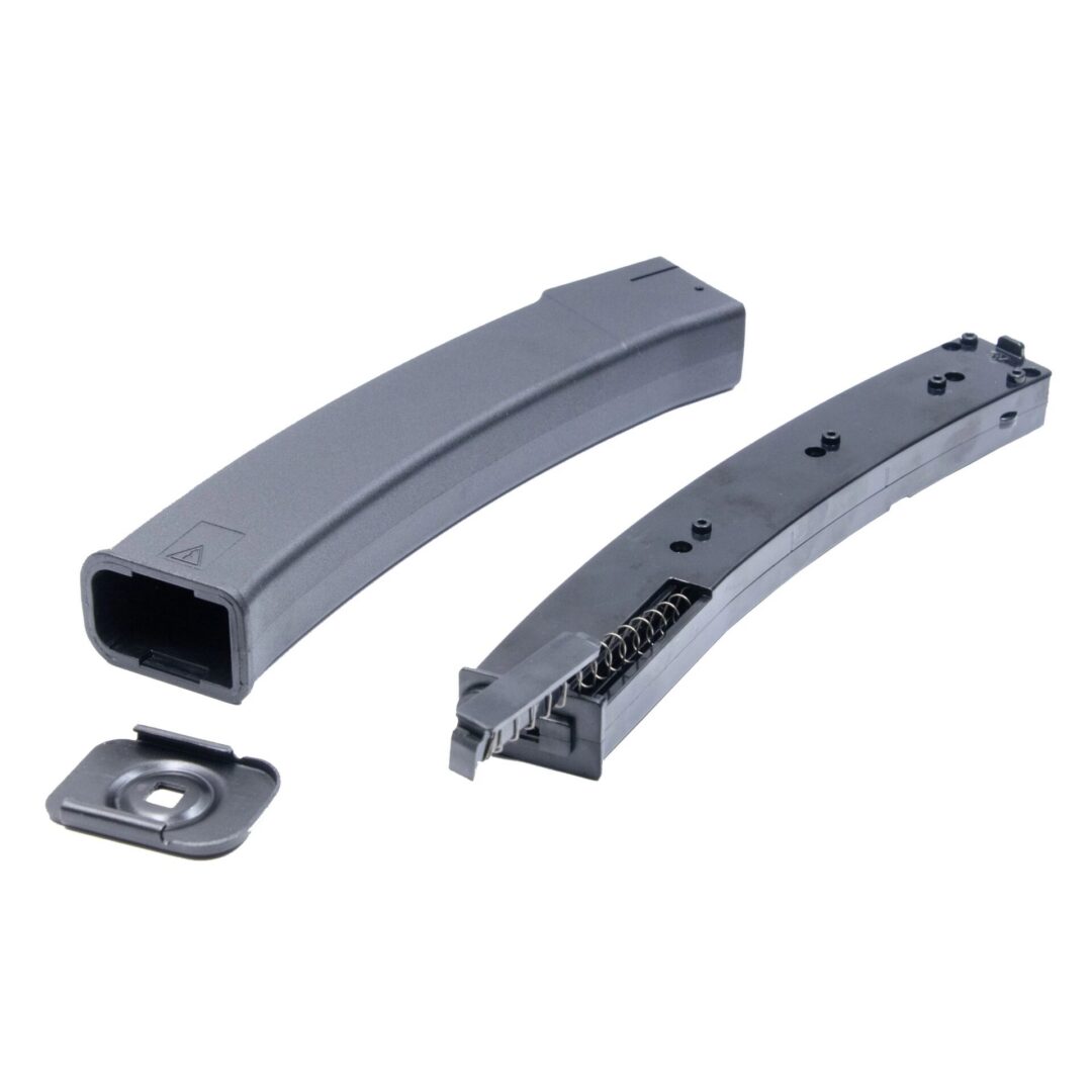 A disassembled curved black Arcturus PP19-01 Vityaz 30/95Rds Variable-Cap EMM Magazine shown with its outer shell, internal spring assembly, and floor plate.