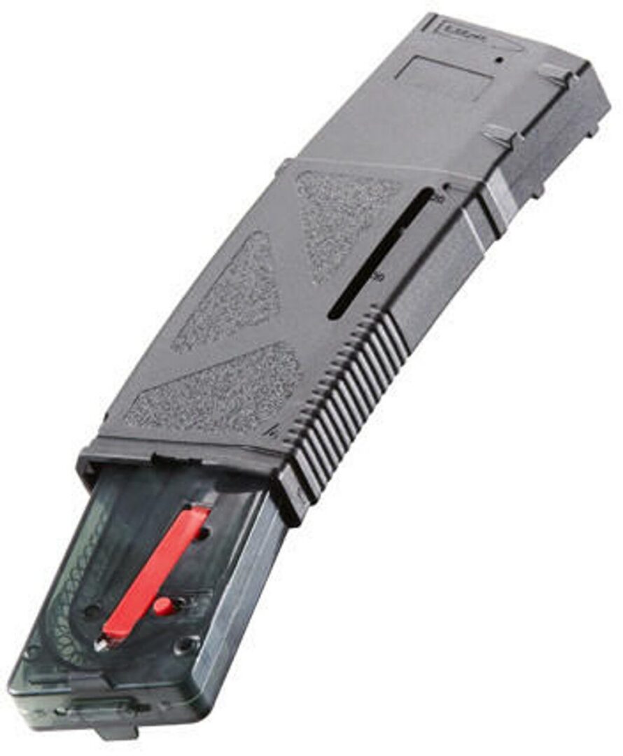 Black polymer Arcturus AR Mod 1 M4/M16 30/130 Round Variable Mid-Cap rifle magazine with an extended base showing an internal red follower.