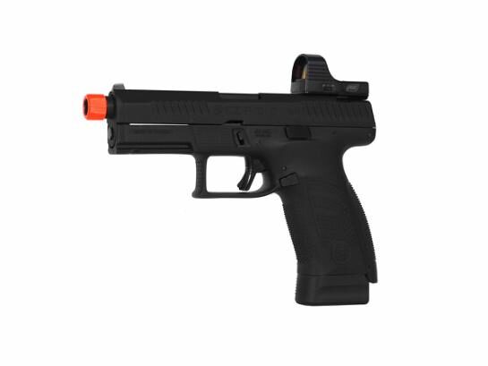 Black ASG CZ P-10C CO2 Airsoft Pistol, Optic Ready, Outer Threaded Barrel with an optic sight mounted on top and an orange tip on the barrel.