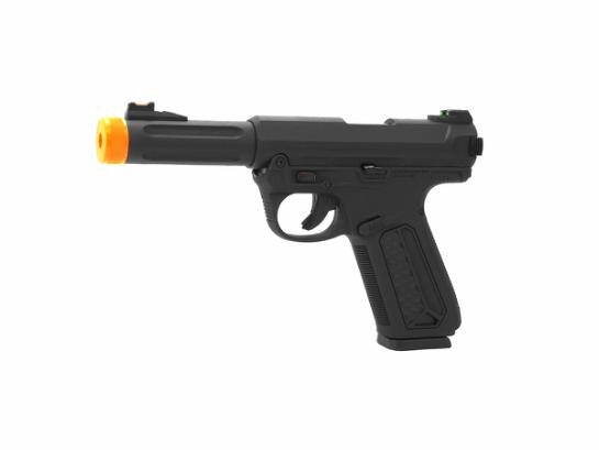 Black ASG Action Army Pistol AAP-01, Gas semi-automatic airsoft pistol with an orange muzzle tip.