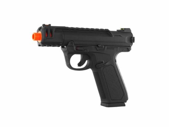 Black gas-powered ASG Action Army Pistol AAP-01C, Gas, with an orange muzzle tip.