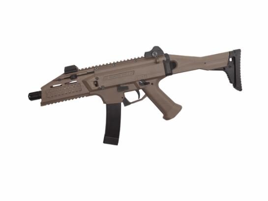 Tan ASG CZ Scorpion EVO 3 A1, AEG, FDE submachine gun with a black magazine and folding stock.