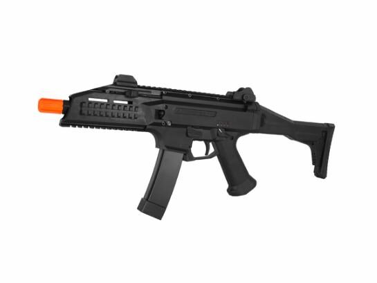 Black ASG CZ Scorpion EVO 3 A1 AEG submachine gun airsoft rifle with an orange muzzle tip and a detachable magazine.
