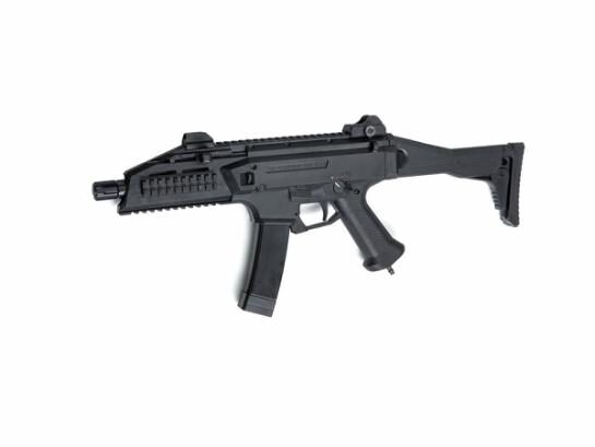 Black ASG CZ Scorpion EVO 3 A1, HPA submachine gun featuring a short barrel, rail systems, and a collapsible stock.