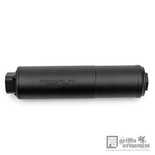 Black cylindrical PTS Griffin Armament GP5 Direct Mount (14mm CCW) Tracer Unit airsoft suppressor with threaded mounts on both ends.