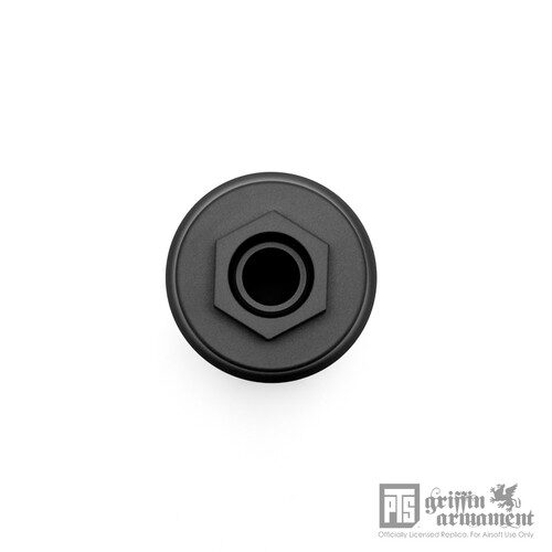 End view of a black, cylindrical PTS Griffin Armament GP5 Direct Mount (14mm CCW) Tracer Unit showing a central circular aperture surrounded by a hexagonal nut.