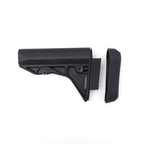 Black adjustable rifle stock with a PTS Extended Battery Storage Butt Pad for EPS-C.