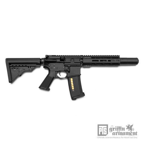 Black PTS Griffin Armament MK1 M4SD AEG 10.5inch airsoft rifle with a collapsible stock, short barrel, and a suppressor.