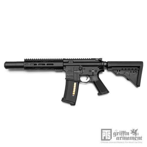 Black PTS Griffin Armament MK1 M4SD AEG 10.5inch airsoft carbine rifle with a short barrel, suppressor, and translucent magazine.