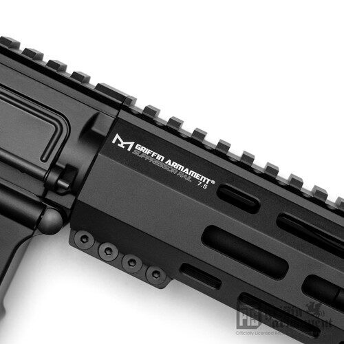Close-up of a black PTS Griffin Armament MK1 M4SD AEG 10.5inch handguard with an integrated top rail, featuring the text “Griffin Armament Suppressor Rail 7.5” printed on the side.