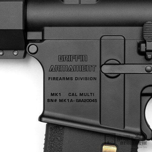 Close-up of the receiver on a PTS Griffin Armament MK1 M4SD AEG 10.5inch airsoft rifle, showing laser-engraved text: “Griffin Armament Firearms Division, MK1, Cal Multi, SN# MK1A-GAA20045.”.
