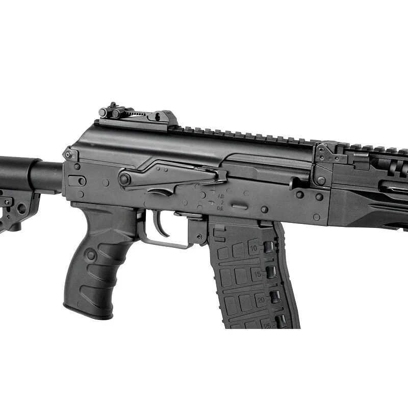 Side profile of a black tactical Arcturus AK12K AEG PE airsoft rifle, showing the receiver, pistol grip, and magazine.
