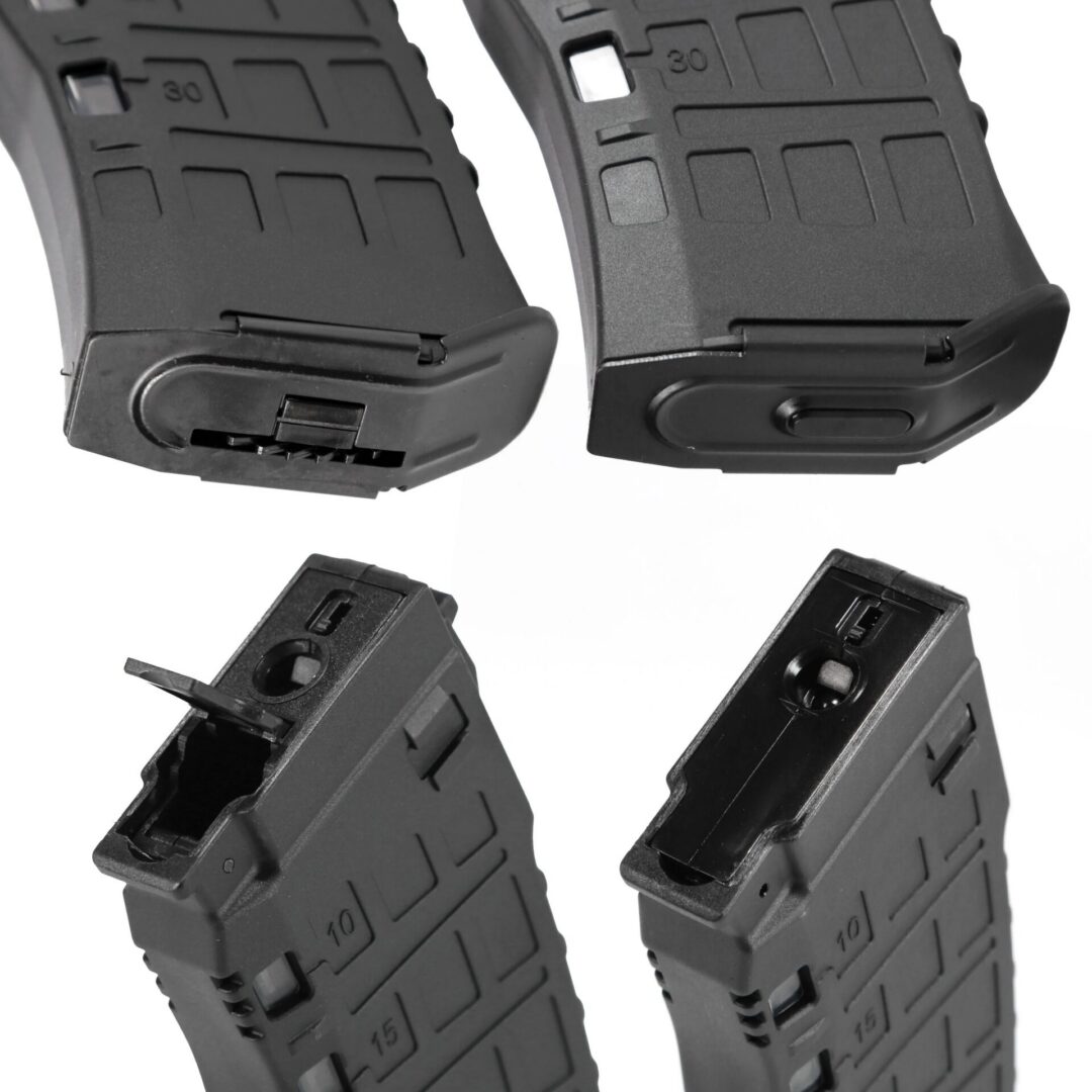 Four views of a black polymer Arcturus AK12K AEG PE rifle magazine, showing the base plate and the top feed port with a hinged dust cover.