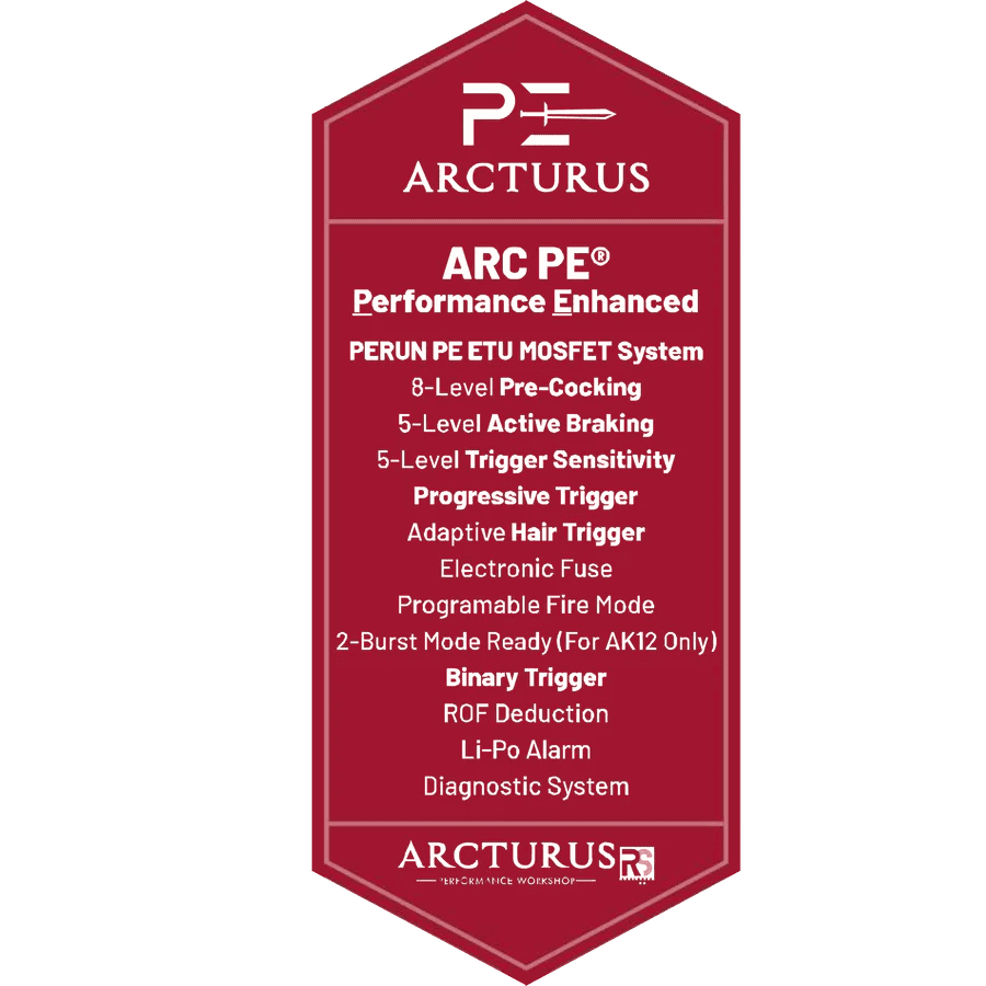 A maroon informational graphic for the Arcturus AK12K AEG PE, listing features including pre-cocking, active braking, trigger sensitivity, programmable fire modes, and a diagnostic system.