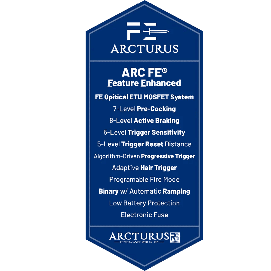 Blue shield-shaped infographic for the Arcturus AK12 AEG FE listing technical electronic trigger system features including pre-cocking, active braking, trigger sensitivity, and battery protection.