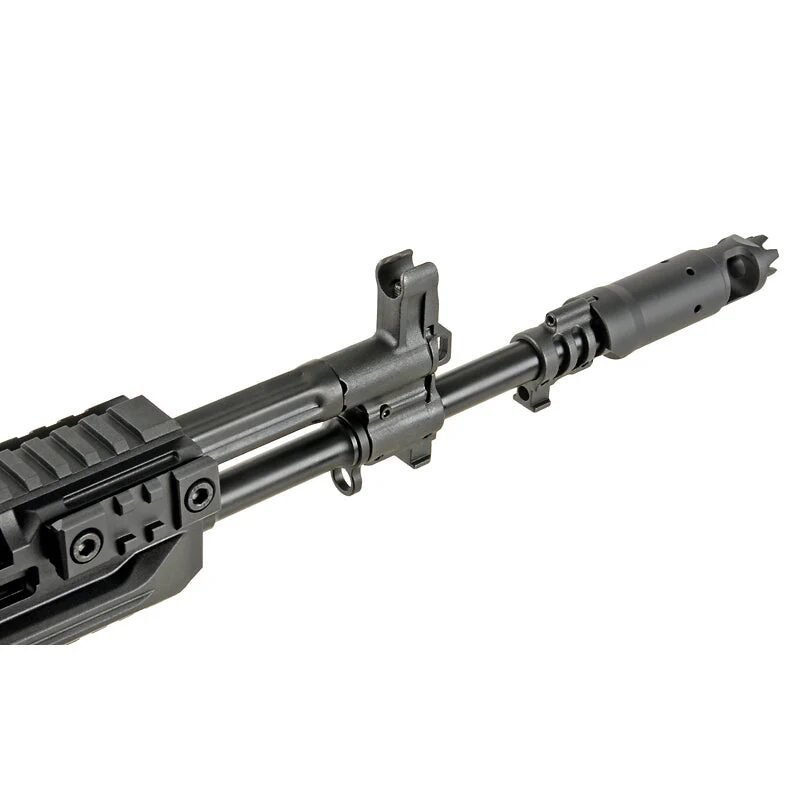 Black rifle barrel and front sight assembly with a muzzle brake on an Arcturus AK12 AEG FE.