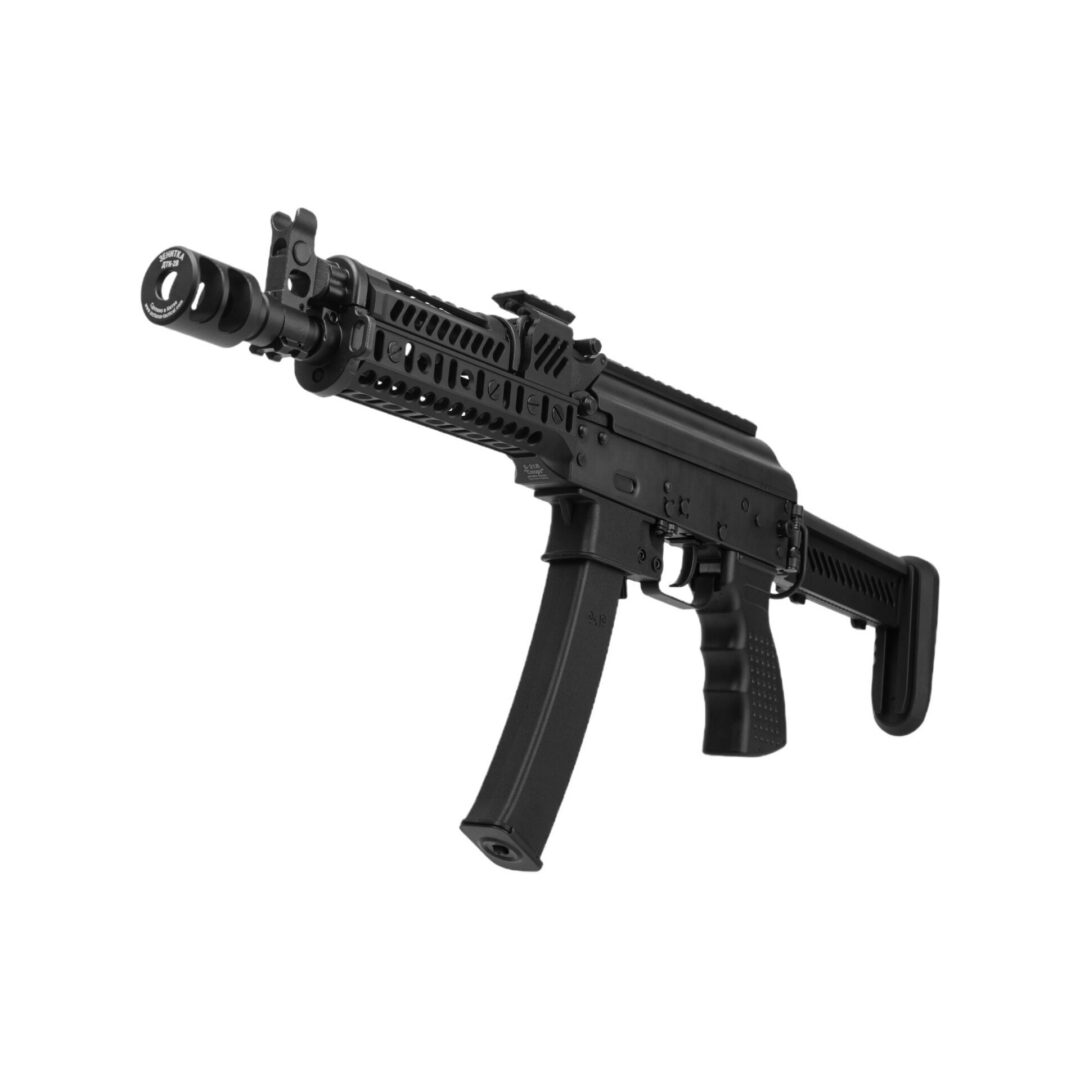 Black Arcturus PP19-01 Vityaz Ztac SP1 CQB AEG FE tactical submachine gun with a curved magazine and a muzzle brake.