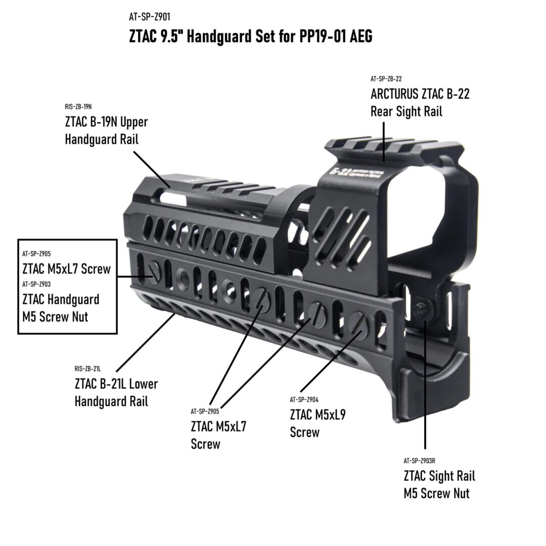 Black metal handguard assembly for the Arcturus PP19-01 Vityaz Ztac SP1 CQB AEG FE, featuring top and bottom rails, screws, nuts, and a rear sight rail.