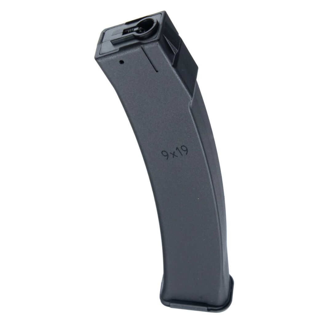 Black curved submachine gun magazine marked “9x19” for the Arcturus PP19-01 Vityaz Ztac SP1 CQB AEG FE.