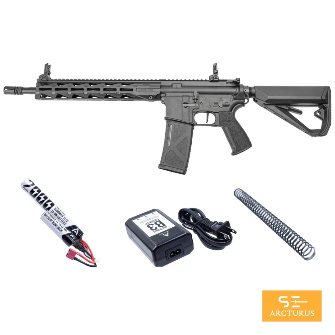 Arcturus LWT MK-III Carbine 12″ SPORT AEG SE® Black carbine rifle with a tactical handguard, battery, battery charger with power cord, and a metal spring.