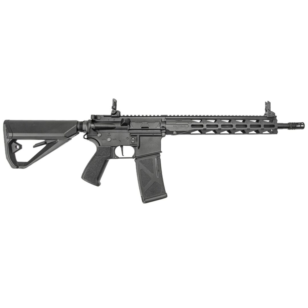 Black Arcturus LWT MK-III Carbine 12″ SPORT AEG SE® Black Starter Pack rifle with a modular handguard, adjustable stock, and detachable iron sights.
