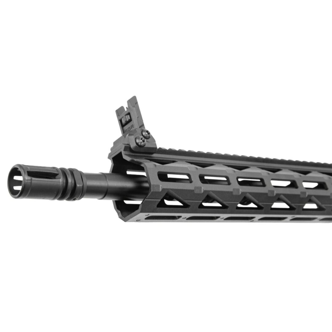 The Arcturus LWT MK-III Carbine 12″ SPORT AEG SE® Black Starter Pack features a black carbine barrel with a slotted flash hider, a modular handguard, and a flip-up iron sight.