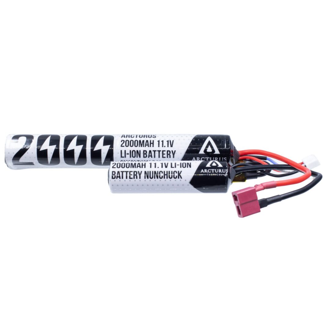 Two 11.1V 2000mAh lithium-ion nunchuck batteries with red Deans connectors and white balance leads included in the Arcturus LWT MK-III Carbine 12″ SPORT AEG SE® Black Starter Pack.