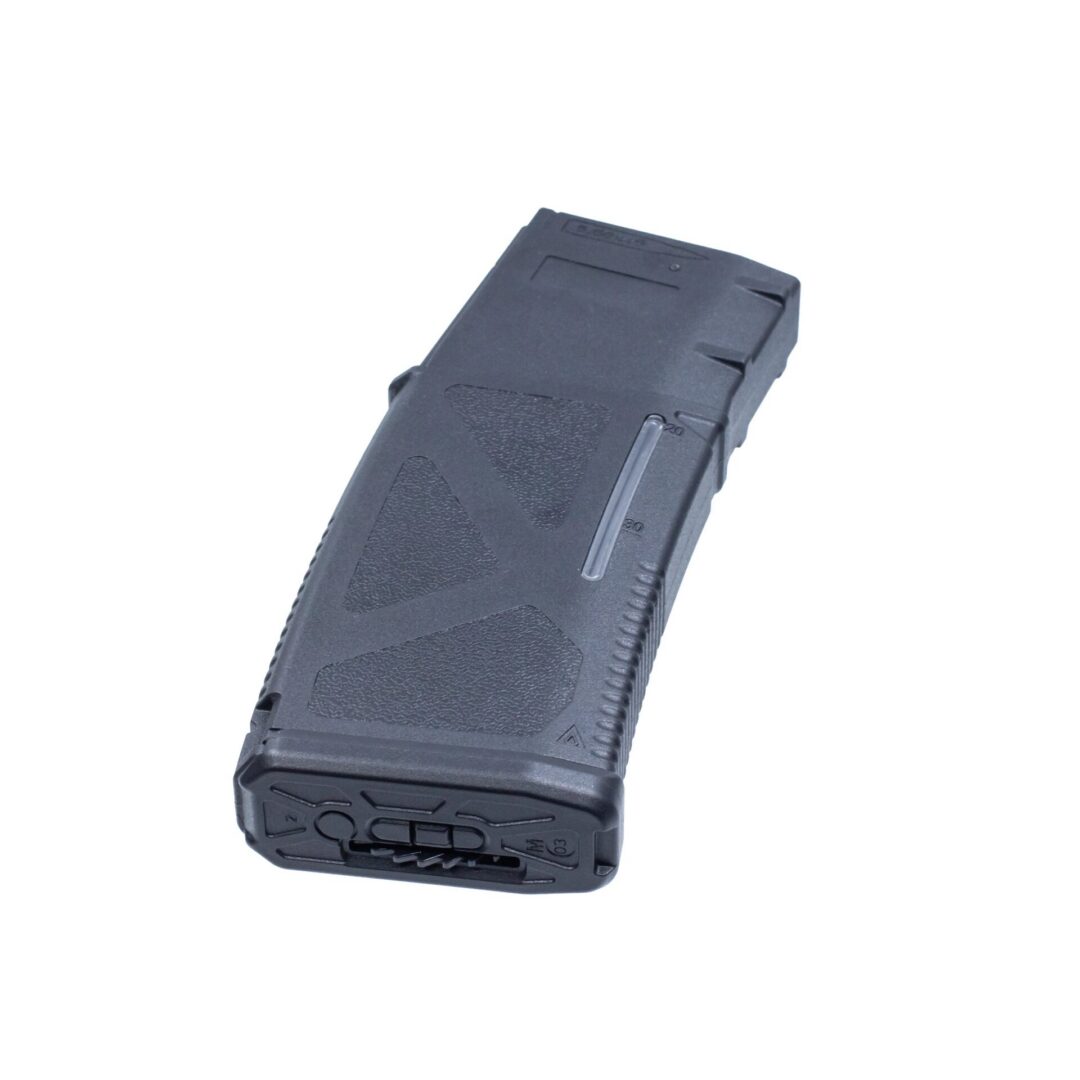 Black polymer rifle magazine for the Arcturus LWT MK-III Carbine 12″ SPORT AEG SE® Black Starter Pack with a textured grip surface and a visible round-count window.