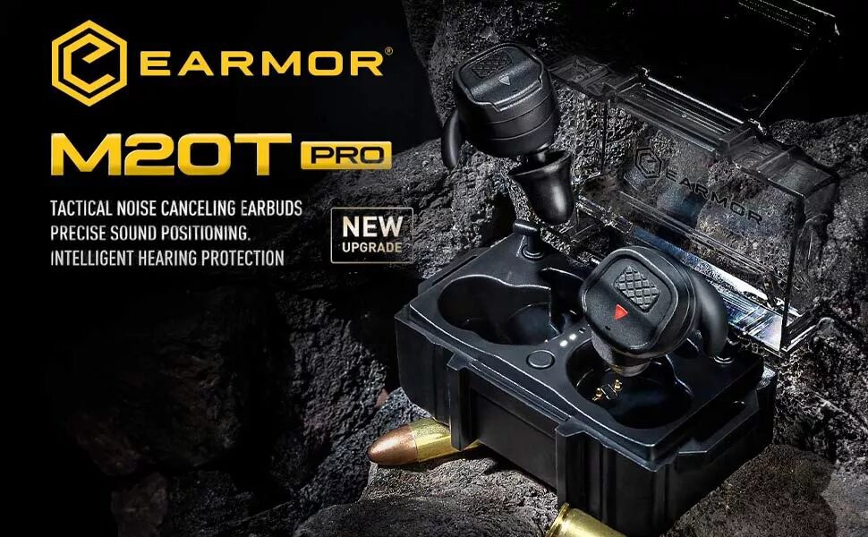 A pair of black Earmor M20T PRO tactical earbuds in a charging case next to a bullet, with text describing noise canceling features and a new upgrade.