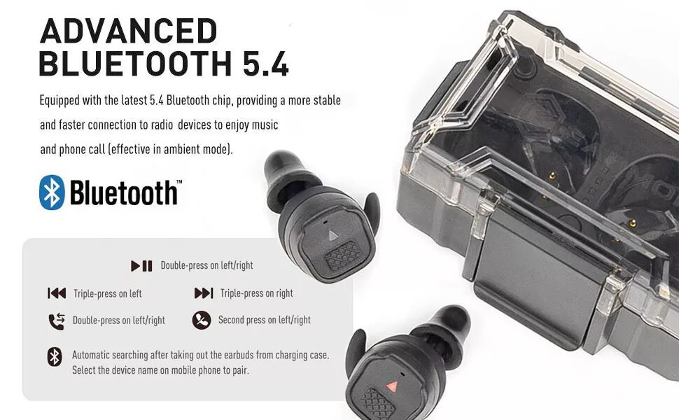 Earmor M20T PRO wireless earbuds next to their charging case, with text explaining Bluetooth 5.4 features and touch control instructions.