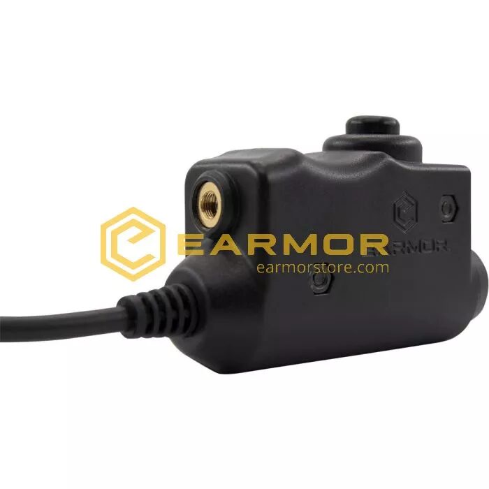 Black Earmor M51 PTT for Kenwood/Baofeng Radios Communication push-to-talk adapter with a side port and a connected cable.