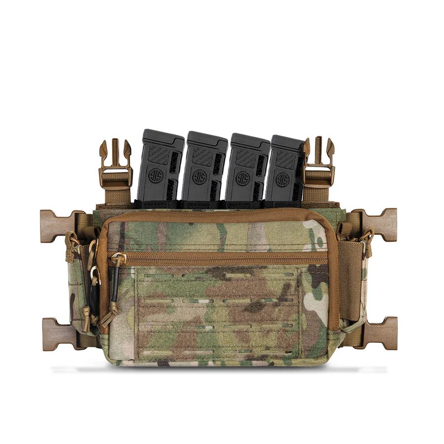 An ACETAC Submachine Gun Magazine Insert for MPX/ MP7 in a camouflage chest rig holding four black submachine gun magazines.